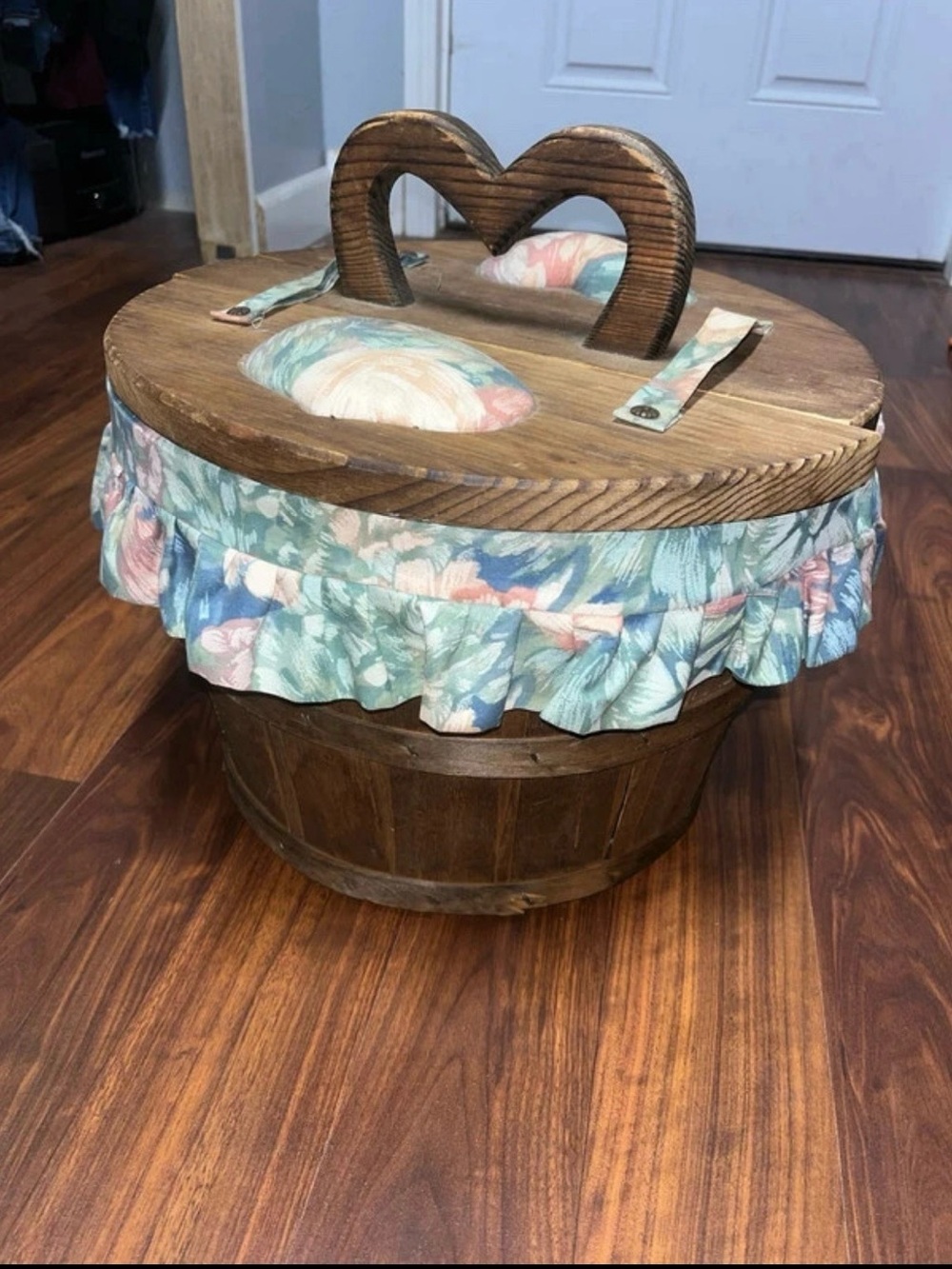 Wooden Heart-Handle Sewing Basket with Floral Trim - Unbranded